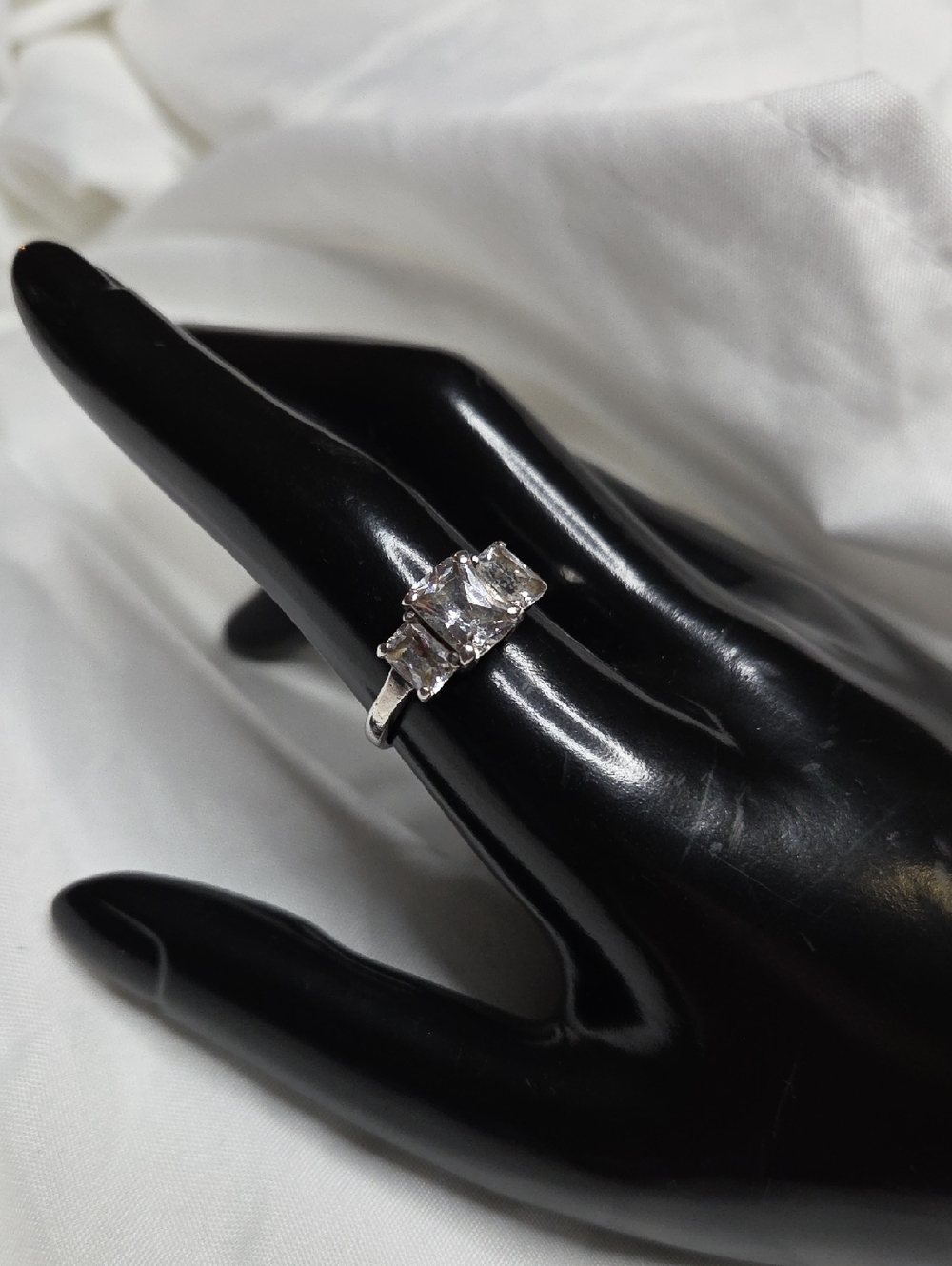 Ring Silver 3 Stone Rectangle Cubic Zirconia Stones Sterling 925 Band Size 9